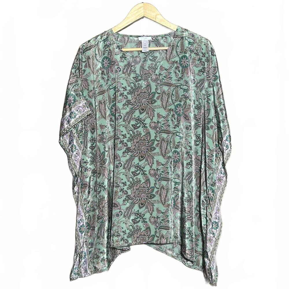 J. Jill Womens Green Paisley Print V Neck Poncho Top Size S/L Boho